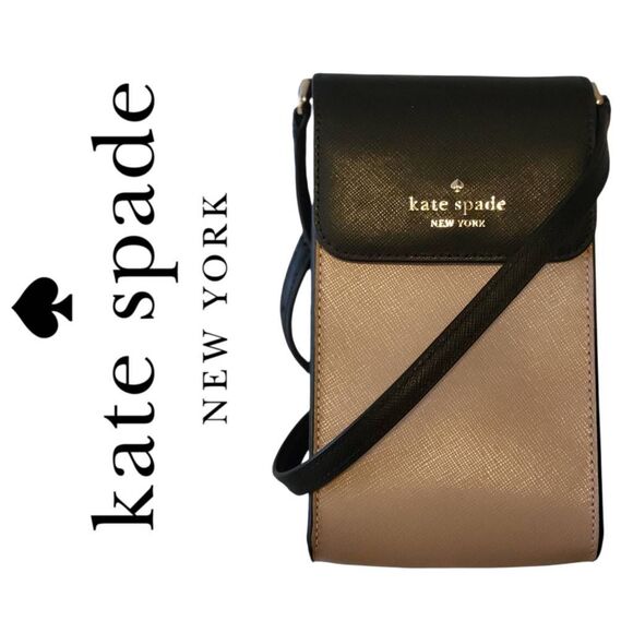 Kate Spade Madison Flap Phone Crossbody Toasted Hazelnut & Black Leather Bag - Picture 1 of 13